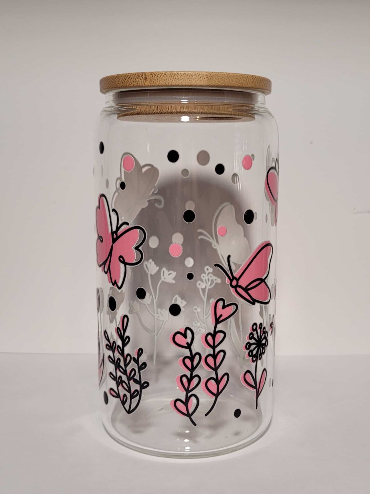 Verre 16 oz Fleurs et papillons roses