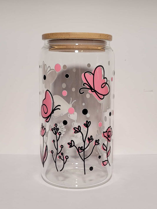 Verre 16 oz Fleurs et papillons roses PLASTIQUE