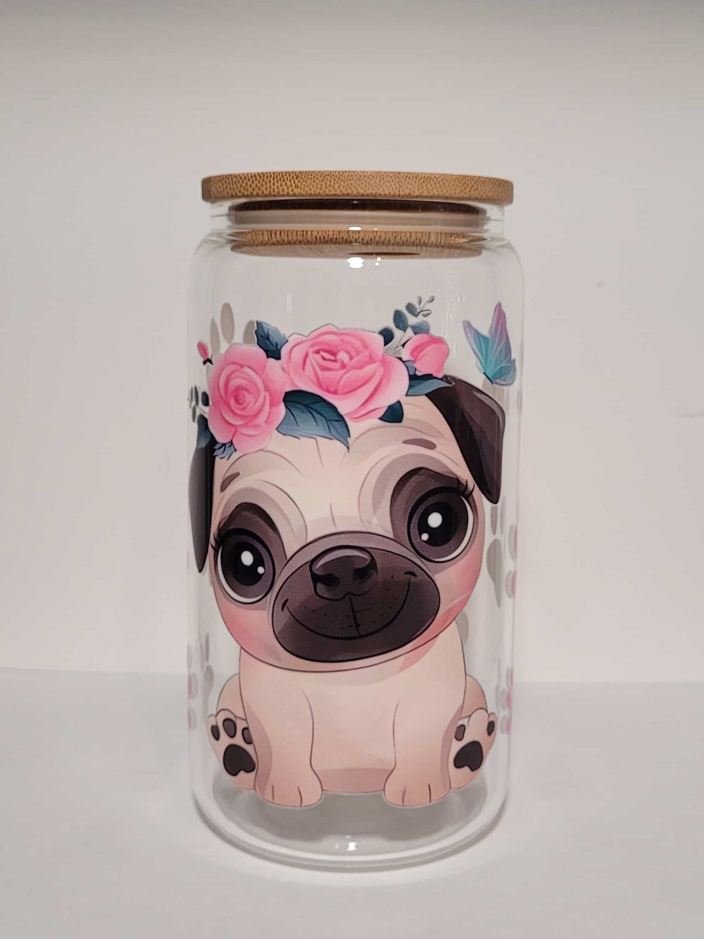 Verre 16 oz Chien fleurs roses