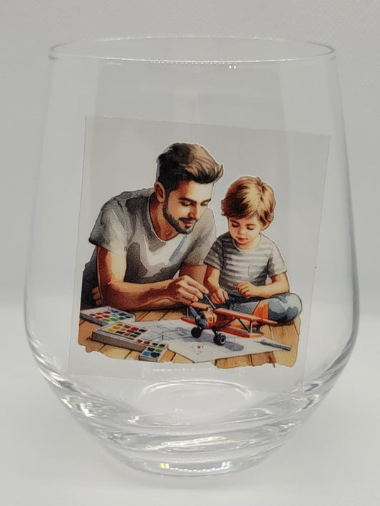 Verre à vin Papa et enfant Peinture un avion