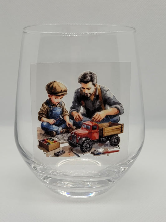 Verre à vin Papa et enfant Peinture d'un camion rouge