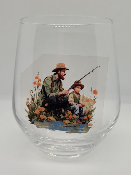 Verre à vin Papa et enfant à la pêche