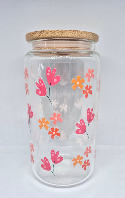 Verre 16 oz Petite fleur rose et orange