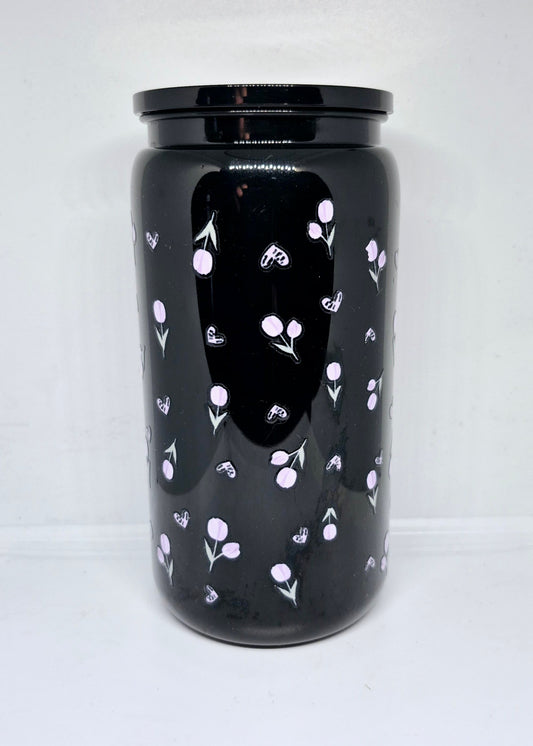 Verre 16 oz Noir Fleur mauve