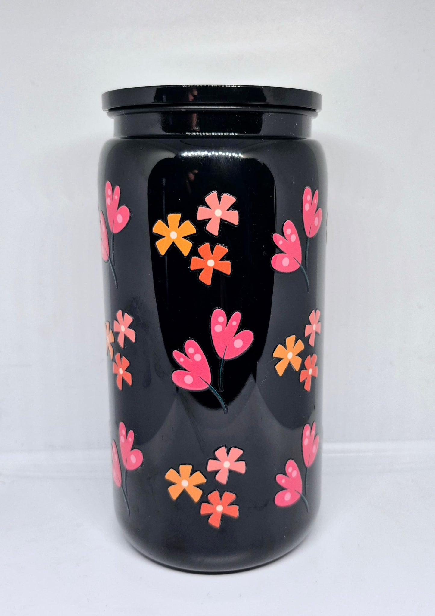 Verre 16 oz Noir Fleur rose et orange