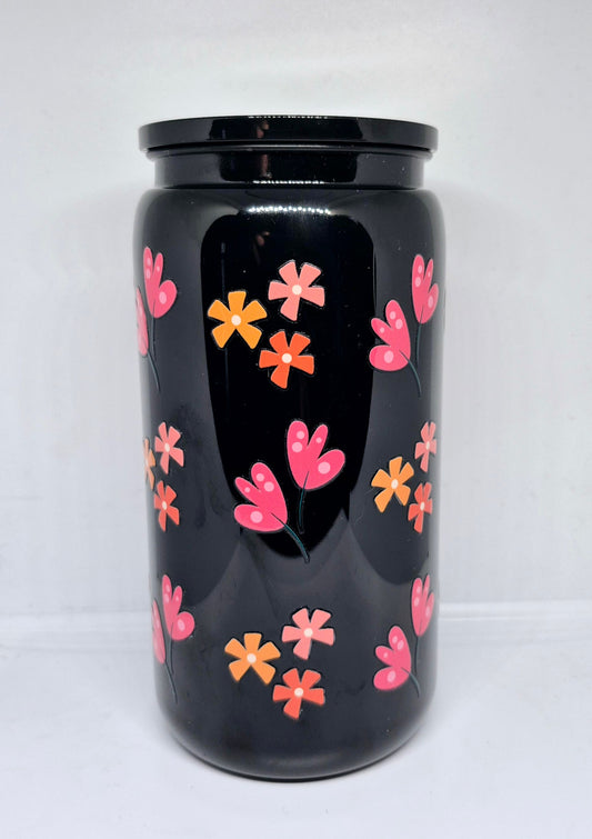 Verre 16 oz Noir Fleur rose et orange