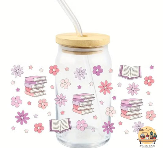 Verre 16 oz Livres et fleurs